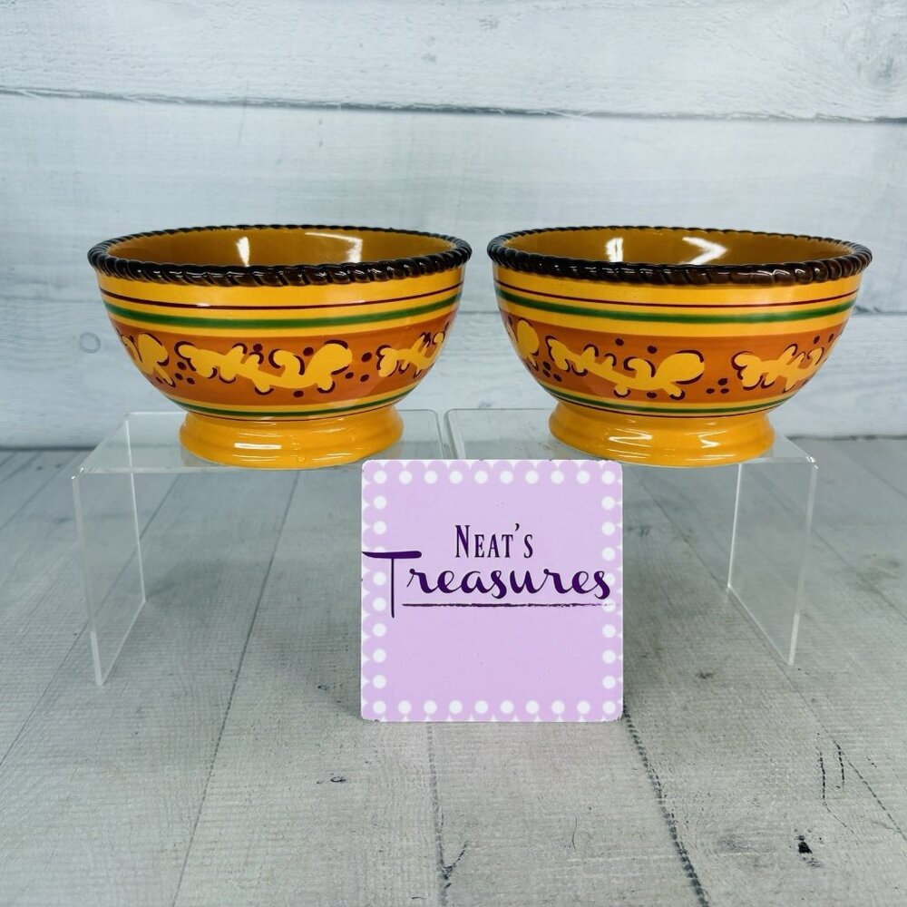 Celebrating Home TUSCAN Orange Yellow Stoneware Footed Soup Cereal Bowls Set 2